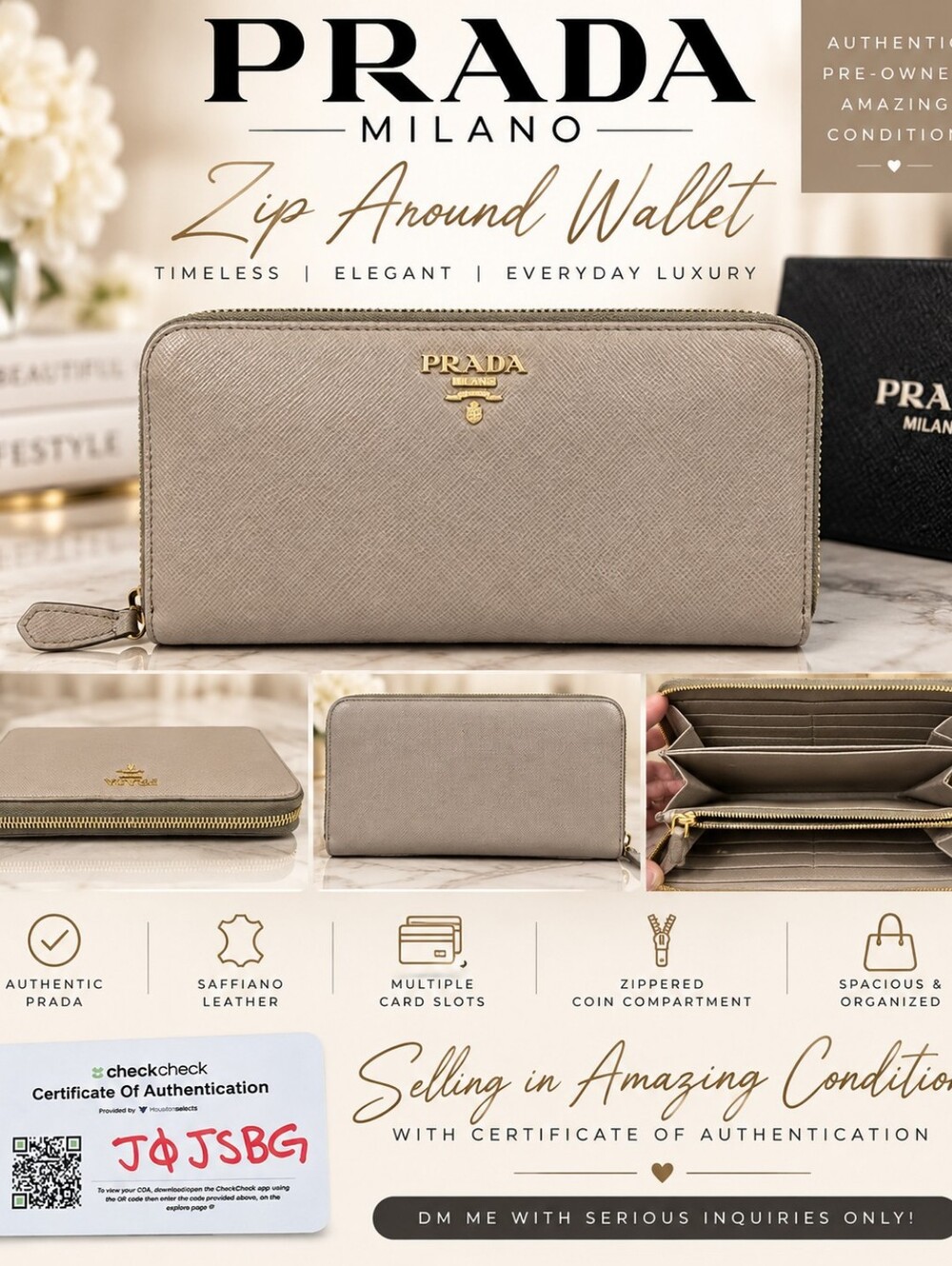 Prada Saffiano Leather Zip Wallet — Light Taupe with Gold Logo